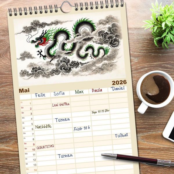 Produktbild: Familienplaner 2026 - Chinesische Tierkreiszeichen - Kunstvolle KI-Tuschemalerei des Ostens mit 5 Spalten (Wandkalender, 21 x 45 cm) CALVENDO