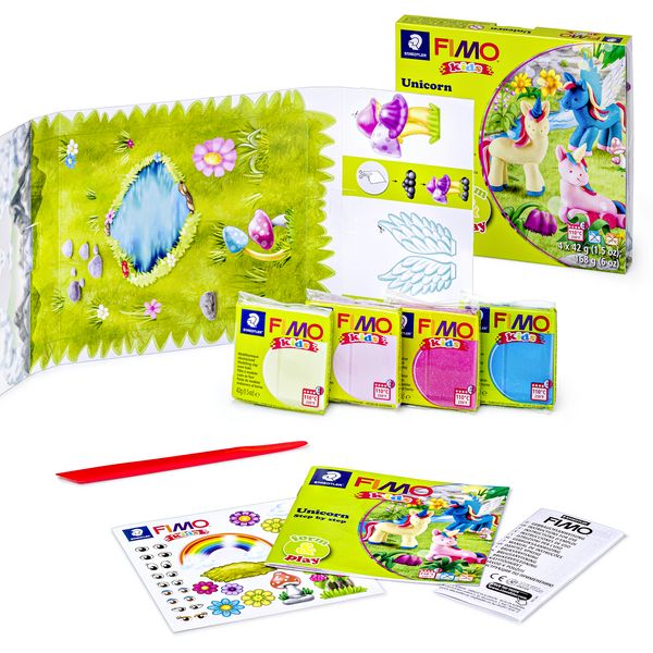 Produktbild: STAEDTLER FIMO kids 8034, ofenh&auml;rtende Modelliermasse, Set Unicorn mit 4 Bl&ouml;cken 42 g, Modellierstab