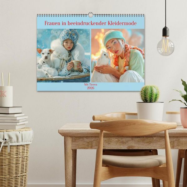 Produktbild: Frauen in beeindruckender Kleidermode - Mit Tieren (Wandkalender 2026 DIN A3 quer), CALVENDO Monatskalender