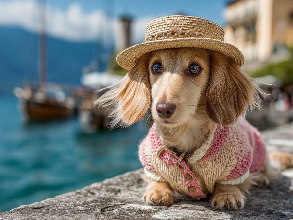 Produktbild: CALVENDO Puzzle Ein liebevoller Dackel mit Hut am Gardasee - ein charmantes Hundepuzzle f&uuml;r Erwachsene und alle, die Dackel lieben. | 1000 Teile Lege-Gr&ouml;&szlig;e 64x48cm Foto-Puzzle f&uuml;r gl&uuml;ckliche Stunden