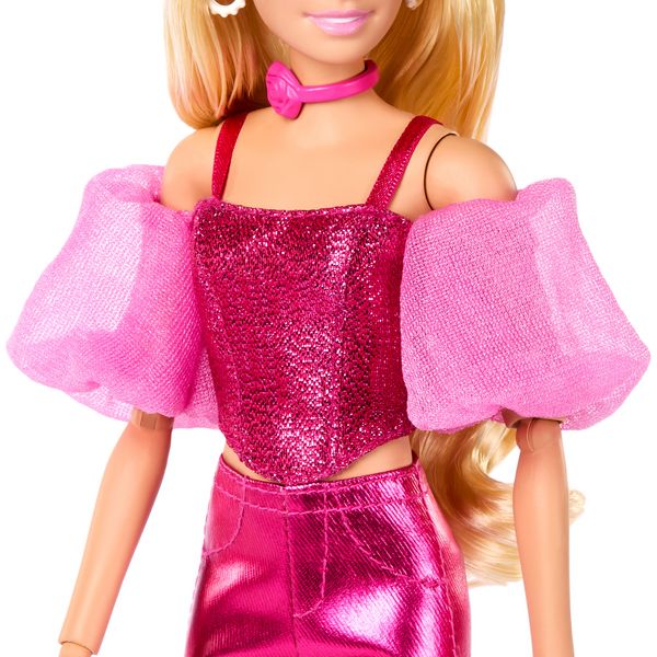 Produktbild: Barbie Deluxe Style-Modepuppe #5 in rosafarbenem Metallic-Outfit mit Korsett-Top und Accessoires, blond