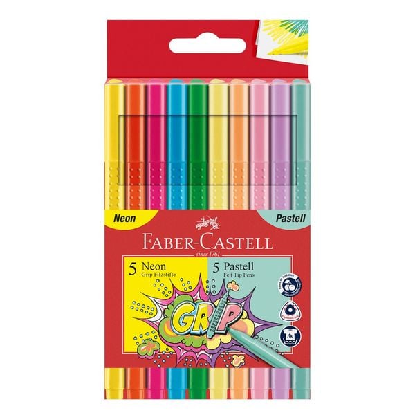 Faber-Castell Filzstifte Grip Neon + Pastell, 10er Set