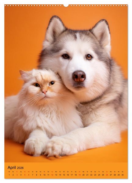 Produktbild: Freundschaftskalender - Katzen und Hunde, beste Freunde in Umarmung (hochwertiger Premium Wandkalender 2026 DIN A2 hoch), Kunstdruck in Hochglanz