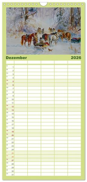 Produktbild: Familienplaner 2026 - Mit Pferden durch die Jahreszeiten - Pferdebilder in &Ouml;l und Aquarell mit 5 Spalten (Wandkalender, 21 x 45 cm) CALVENDO