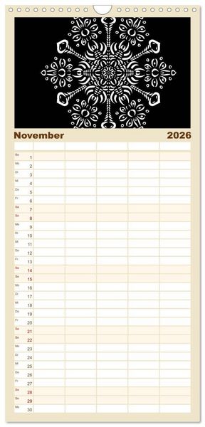 Produktbild: Familienplaner 2026 - Entspannung und Ruhe durch Mandalas mit 5 Spalten (Wandkalender, 21 x 45 cm) CALVENDO