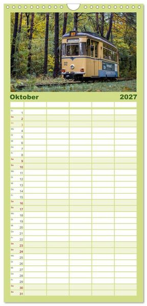 Produktbild: Familienplaner 2027 - Stra&szlig;enbahnklassiker auf Schienen mit 5 Spalten (Wandkalender, 21 x 45 cm) CALVENDO