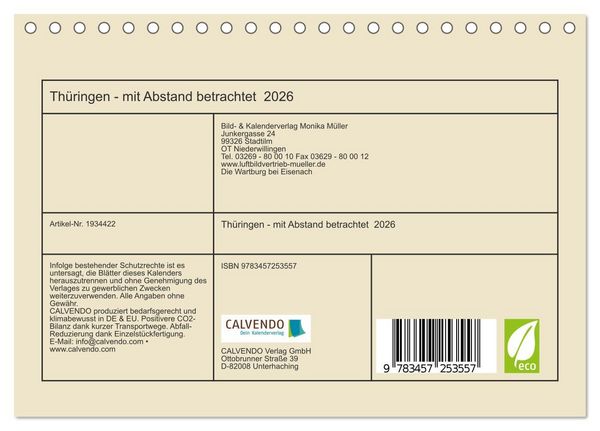 Produktbild: Th&uuml;ringen - mit Abstand betrachtet 2026 (Tischkalender 2026 DIN A5 quer), CALVENDO Monatskalender