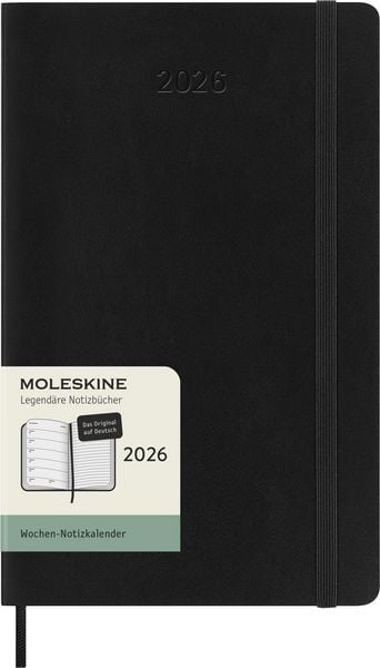 Moleskine 12 Monate Wochen Notizkalender Deutsch 2026, Large/A5, 1 Wo = 1 Seite, rechts linierte Seite, Weicher Einband, Schwarz