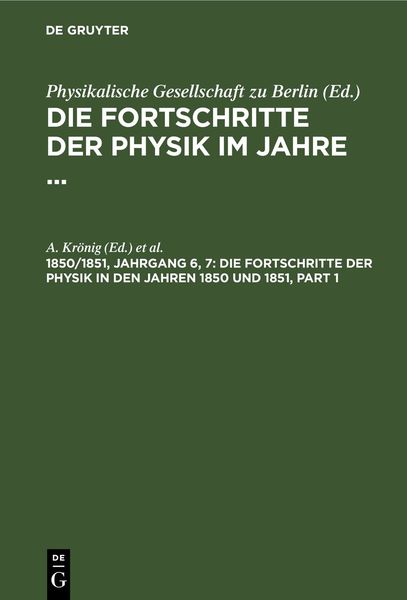 Produktbild: Die Fortschritte der Physik in den Jahren 1850 und 1851