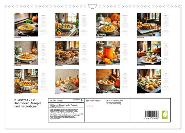 Produktbild: K&uuml;rbiszeit - Ein Jahr voller Rezepte und Inspirationen (Wandkalender 2026 DIN A3 quer), CALVENDO Monatskalender
