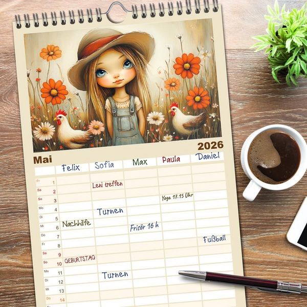 Produktbild: Familienplaner 2026 - M&auml;dchentr&auml;ume. S&uuml;&szlig;e Momente auf bl&uuml;henden Wiesen mit 5 Spalten (Wandkalender, 21 x 45 cm) CALVENDO