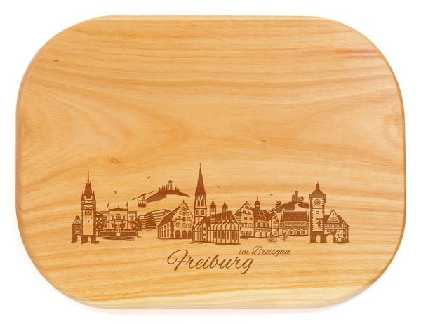Produktbild: Abgerundetes Brotzeitbrett aus Kirschbaumholz, Motiv Freiburg im Breisgau