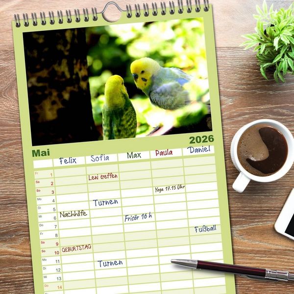 Produktbild: Familienplaner 2026 - Wellensittiche - Naturkalender mit 5 Spalten (Wandkalender, 21 x 45 cm) CALVENDO
