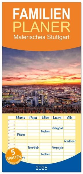 Produktbild: Familienplaner 2026 - Malerisches Stuttgart mit 5 Spalten (Wandkalender, 21 x 45 cm) CALVENDO