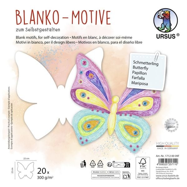 Produktbild: URSUS Kinderbasteln Blanko-Motive Schmetterling, 20 Blatt