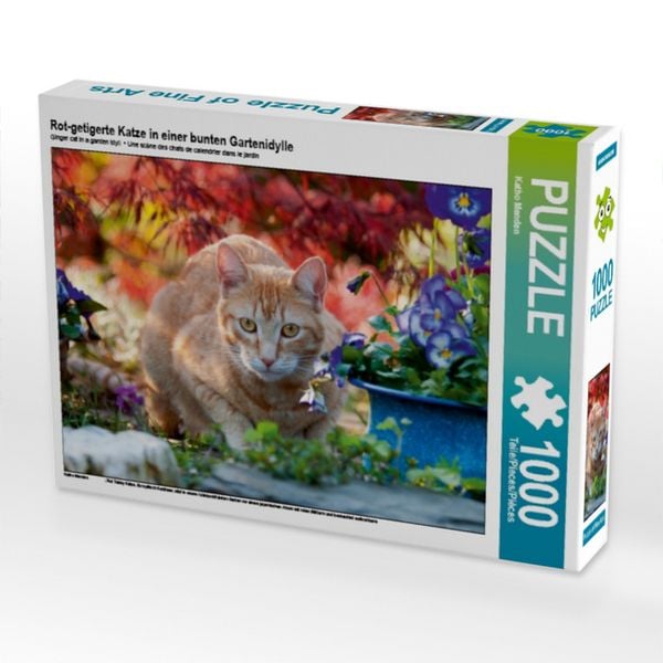 CALVENDO Puzzle Rot-getigerte Katze in einer bunten Gartenidylle | 1000 Teile Lege-Größe 64x48cm Foto-Puzzle für glückliche Stunden