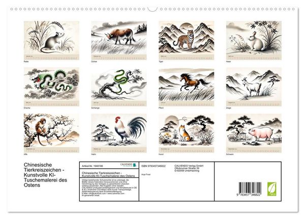 Produktbild: Chinesische Tierkreiszeichen - Kunstvolle KI-Tuschemalerei des Ostens (hochwertiger Premium Wandkalender 2026 DIN A2 quer), Kunstdruck in Hochglanz