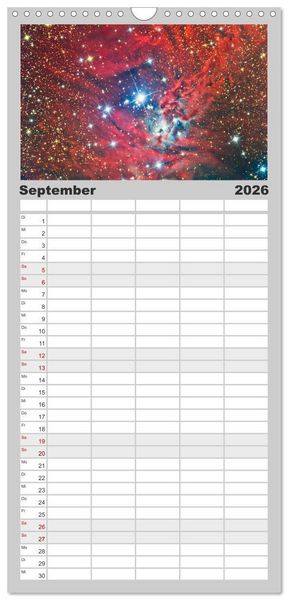 Produktbild: Familienplaner 2026 - Farbiges Weltall mit 5 Spalten (Wandkalender, 21 x 45 cm) CALVENDO