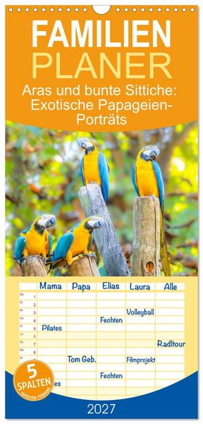 Produktbild: Familienplaner 2027 - Aras und bunte Sittiche: Exotische Papageien-Portr&auml;ts mit 5 Spalten (Wandkalender, 21 x 45 cm) CALVENDO