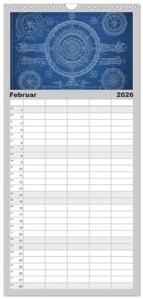 Produktbild: Familienplaner 2026 - Steampunk - Blaupausen mit 5 Spalten (Wandkalender, 21 x 45 cm) CALVENDO