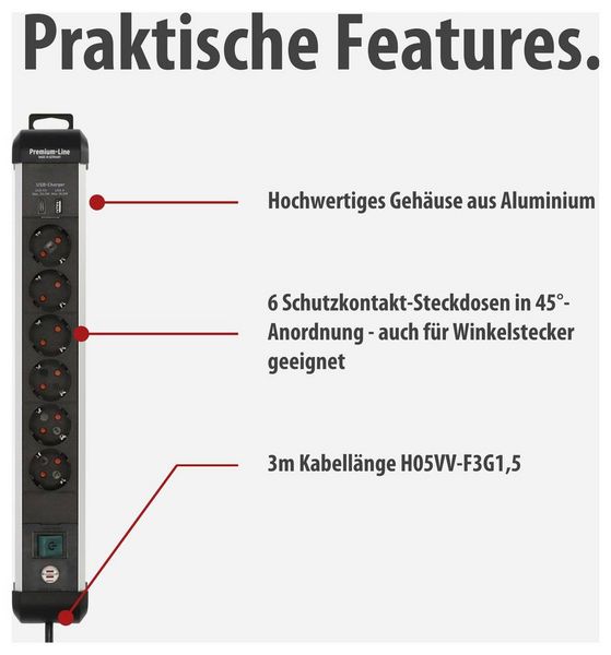 Produktbild: Brennenstuhl 1391030611 Steckdosenleiste mit Schalter Silber, Schwarz Schutzkontakt 1St.
