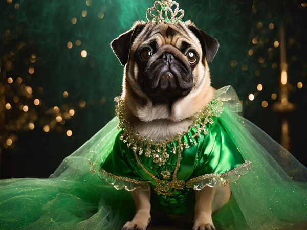 Produktbild: CALVENDO Puzzle Mops tr&auml;gt elegantes gr&uuml;nes Abendkleid mit Schmuck und Krone | 1000 Teile Lege-Gr&ouml;&szlig;e 64x48cm Foto-Puzzle f&uuml;r gl&uuml;ckliche Stunden