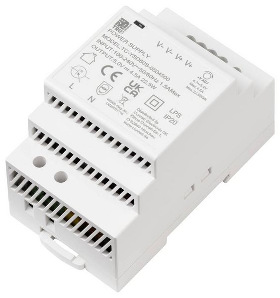 Produktbild: TRU COMPONENTS TC-13710876 Hutschienen-Netzteil (DIN-Rail) Verbrauch (StandBy) 0.3 W 5 V/DC 4.5 A 22.5 W Anzahl Ausg&auml;nge:1 x Inhalt 1 St.