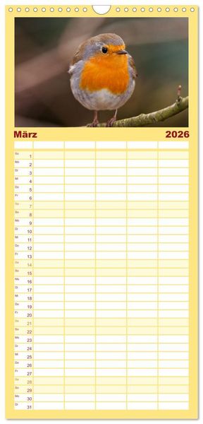 Produktbild: Familienplaner 2026 - Rotkehlchen - Fotografiert von Ostfriesenfotografie mit 5 Spalten (Wandkalender, 21 x 45 cm) CALVENDO