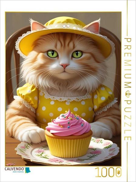 Produktbild: CALVENDO Puzzle S&uuml;&szlig;e Katze mit Cupcake im Vintage-Kleid - lustiges Katzenbild f&uuml;r die K&uuml;che | 1000 Teile Lege-Gr&ouml;&szlig;e 64x48cm Foto-Puzzle f&uuml;r gl&uuml;ckliche