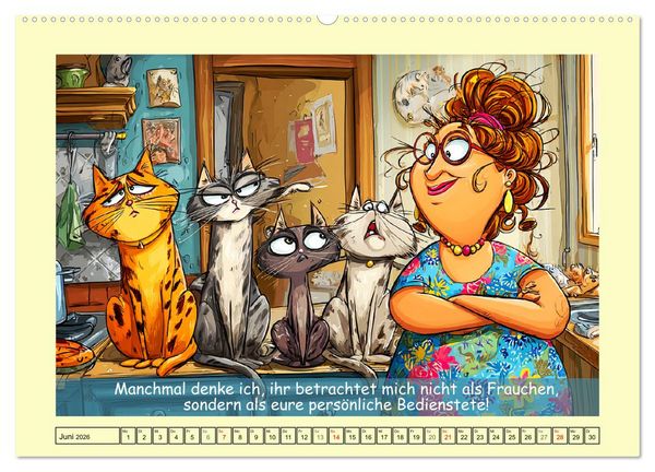 Produktbild: Katzen und Frauen. Lustige Cartoons vom t&auml;glichen Chaos (hochwertiger Premium Wandkalender 2026 DIN A2 quer), Kunstdruck in Hochglanz