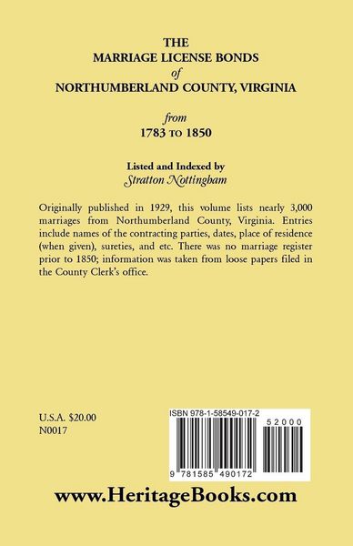Produktbild: Marriage License Bonds of Northumberland County, Virginia
