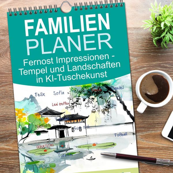 Produktbild: Familienplaner 2026 - Fernost Impressionen - Tempel und Landschaften in KI-Tuschekunst mit 5 Spalten (Wandkalender, 21 x 45 cm) CALVENDO