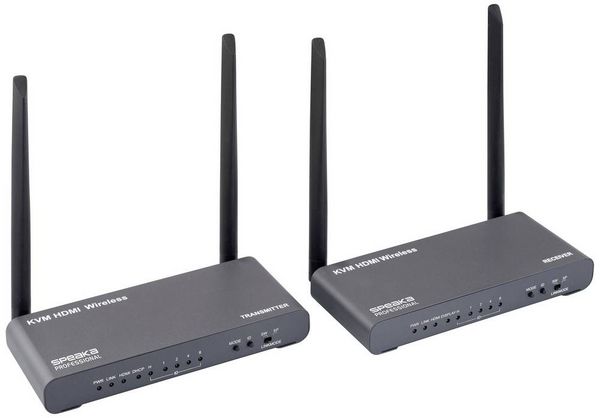 Produktbild: SpeaKa Professional SP-HDE-620 HDMI-Funk&uuml;bertragung (Set) 100 m 5 GHz 3840 x 2160 Pixel KVM-Funktion (Tastatur, Bildschirm, Maus), mit Loop-Funktion