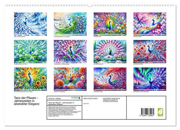 Produktbild: Tanz der Pfauen - Jahreszeiten in abstrakter Eleganz (hochwertiger Premium Wandkalender 2026 DIN A2 quer), Kunstdruck in Hochglanz