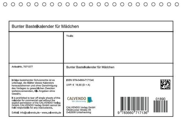 Produktbild: Bunter Bastelkalender f&uuml;r M&auml;dchen (Tischkalender immerw&auml;hrend DIN A5 quer)