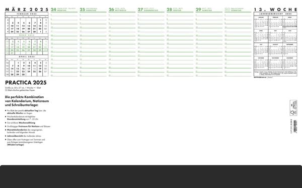Zettler - Schreibunterlage Practica 2025, 59,5x37cm, Unterlage mit 52 Blatt, Blätter oben offen,Tages- und Wochenzählung