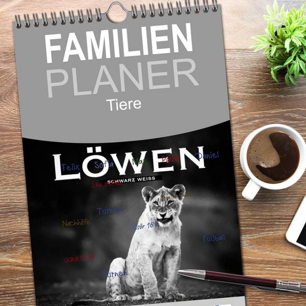 Produktbild: Familienplaner 2026 - L&ouml;wen schwarz wei&szlig; mit 5 Spalten (Wandkalender, 21 x 45 cm) CALVENDO