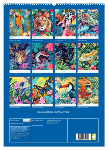 Produktbild: Dschungeltiere im Pop-Art Stil (hochwertiger Premium Wandkalender 2026 DIN A2 hoch), Kunstdruck in Hochglanz