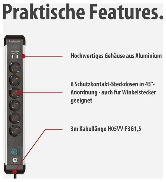 Produktbild: Brennenstuhl 1391030610 Steckdosenleiste mit Schalter Silber, Schwarz Schutzkontakt 1St.