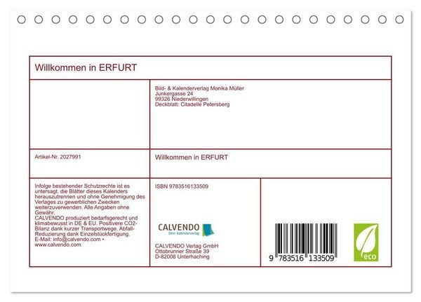 Produktbild: Willkommen in ERFURT (Tischkalender 2026 DIN A5 quer), CALVENDO Monatskalender