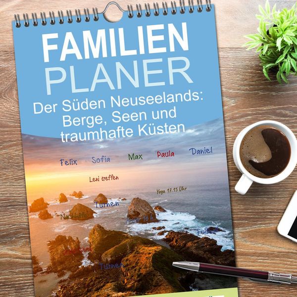 Produktbild: Familienplaner 2026 - Der S&uuml;den Neuseelands: Berge, Seen und traumhafte K&uuml;sten mit 5 Spalten (Wandkalender, 21 x 45 cm) CALVENDO
