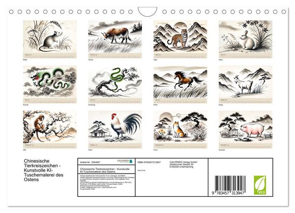Produktbild: Chinesische Tierkreiszeichen - Kunstvolle KI-Tuschemalerei des Ostens (Wandkalender 2026 DIN A4 quer), CALVENDO Monatskalender