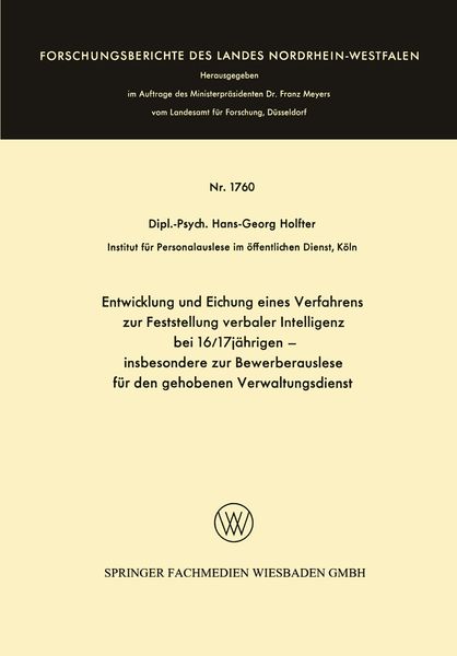 Produktbild: Entwicklung und Eichung eines Verfahrens zur Feststellung verbaler Intelligenz bei 16/17j&auml;hrigen