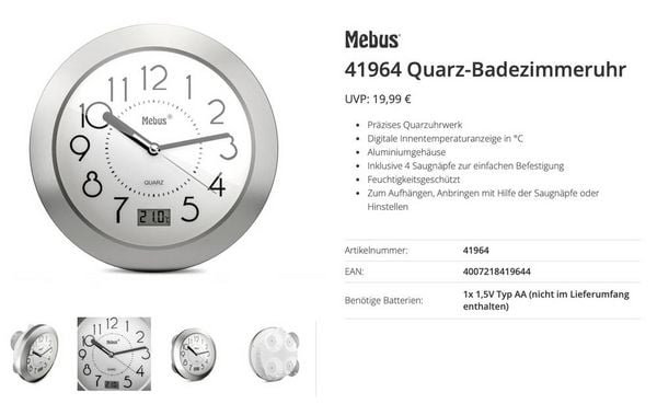 Produktbild: Mebus 41964 Quarz Wanduhr Aluminium Badezimmer-/Feuchtraum geeignet