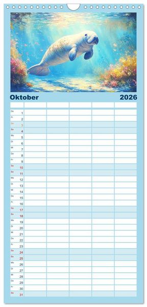 Produktbild: Familienplaner 2026 - Manatee Paintings. Rundschwanzseek&uuml;he im &Ouml;lgem&auml;lde-Stil mit 5 Spalten (Wandkalender, 21 x 45 cm) CALVENDO