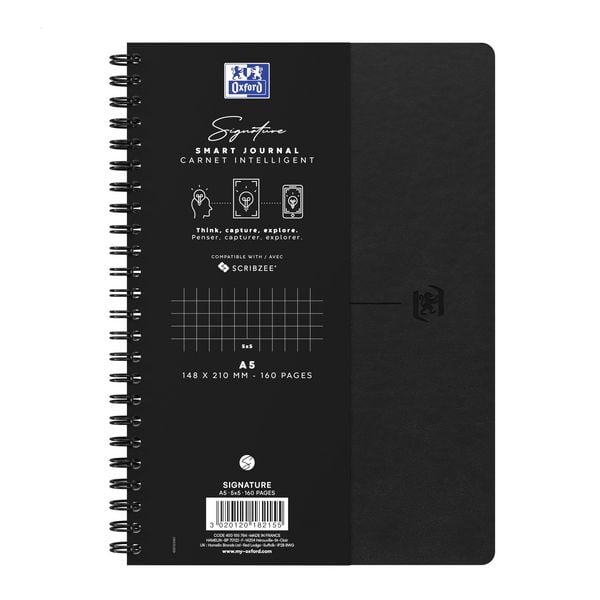Produktbild: Oxford Spiralbuch Signature A5, 5mm kariert, mit flexiblem Cover, 80 Blatt, Optik Paper&reg;, SCRIBZEE&reg; kompatibel, schwarz