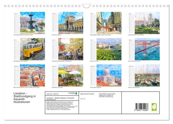 Produktbild: Lissabon - Stadtrundgang in Aquarell-Illustrationen (Wandkalender 2026 DIN A3 quer), CALVENDO Monatskalender