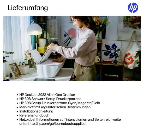 Produktbild: HP DeskJet 2922 All-in-One Printer Multifunktionsdrucker Tintenstrahl Farbe A4 Drucker, Scanner, Kopierer WLAN, HP Instant Ink