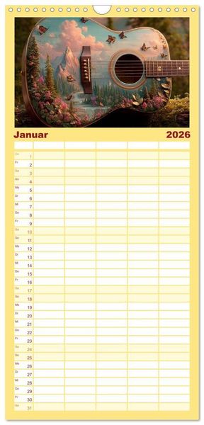 Produktbild: Familienplaner 2026 - Saitenzauber &ndash; Gitarren im Bilderklang mit 5 Spalten (Wandkalender, 21 x 45 cm) CALVENDO