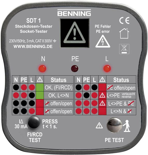 Benning SDT 1 Steckdosentester CAT III 300V LED, LCD